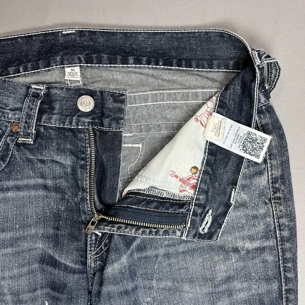True Religion Jeans Mens 33 Straight Fit Flap Pocket Medium Acid Wash Blue Denim